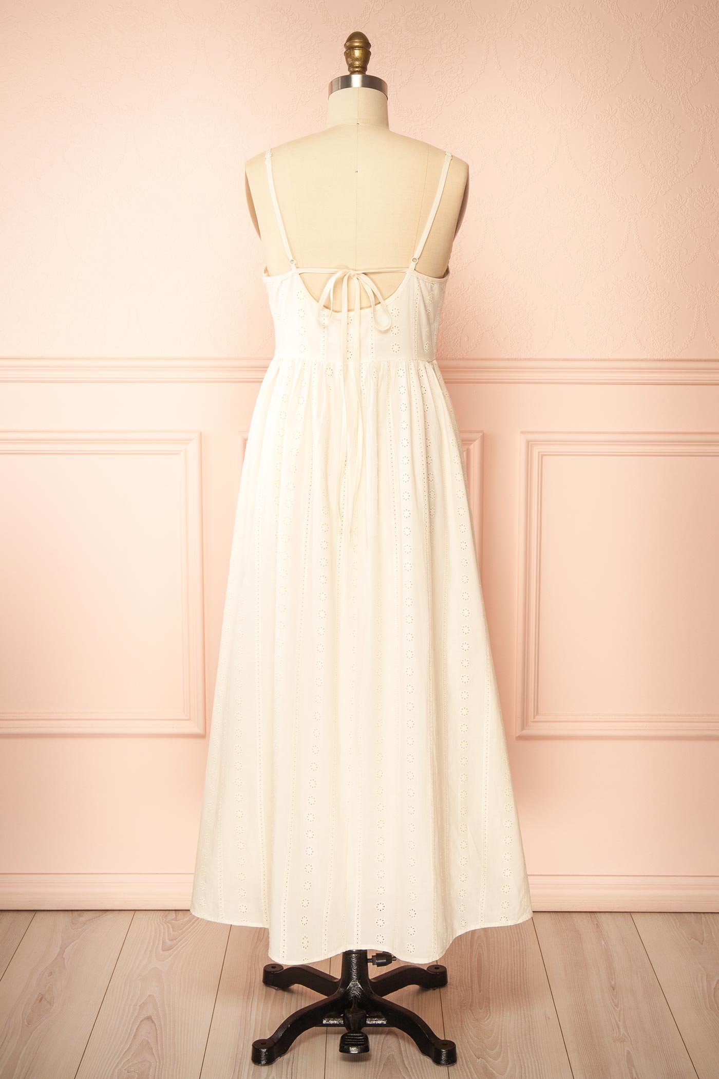 Backview Farmdale Beige Midi Dress with Floral Eyelets at boutique 1861