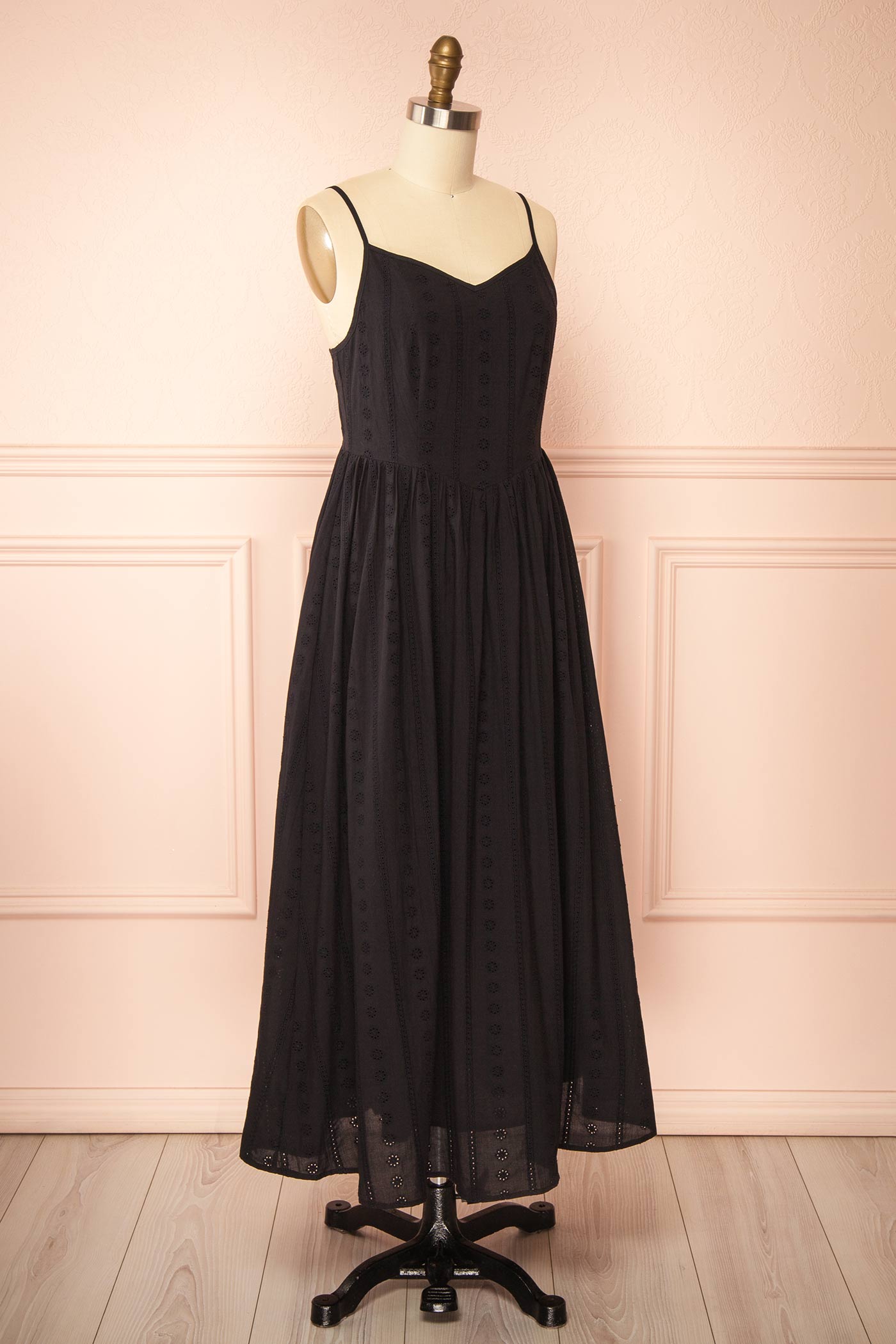 Sideview Farmdale Black Midi Dress with Floral Eyelets at boutique 1861