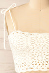 Faroe Ivory Crochet Crop Top w/ Bow Straps | La petite garçonne front close-up