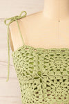 Faroe Sage Crochet Crop Top w/ Bow Straps | La petite garçonne front close-up