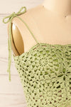 Faroe Sage Crochet Crop Top w/ Bow Straps | La petite garçonne side close-up