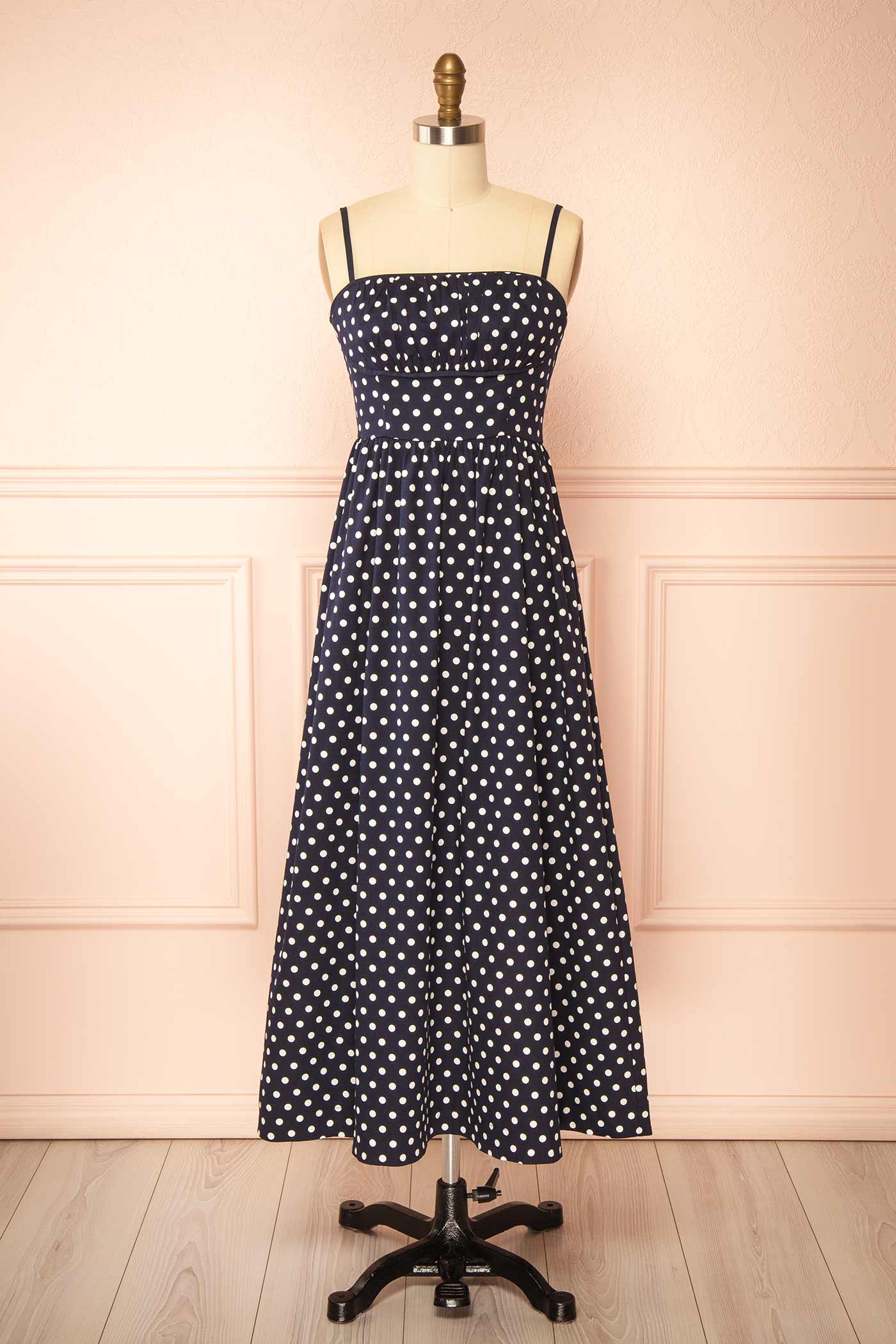 Fatiana Navy Polka Dot Midi Dress with Empire Waist | Boutique 1861 front 