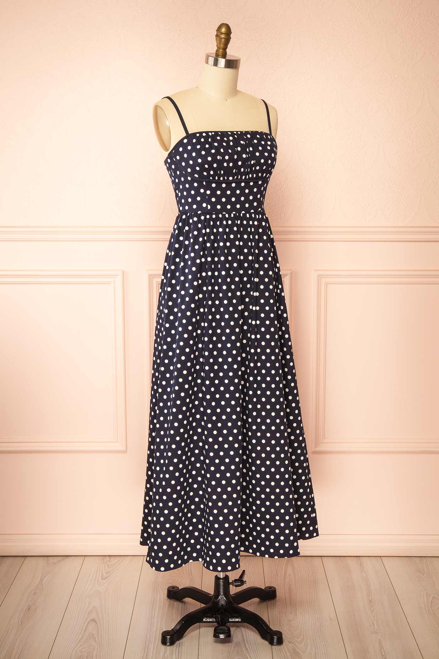 Fatiana Navy Polka Dot Midi Dress with Empire Waist | Boutique 1861 side 