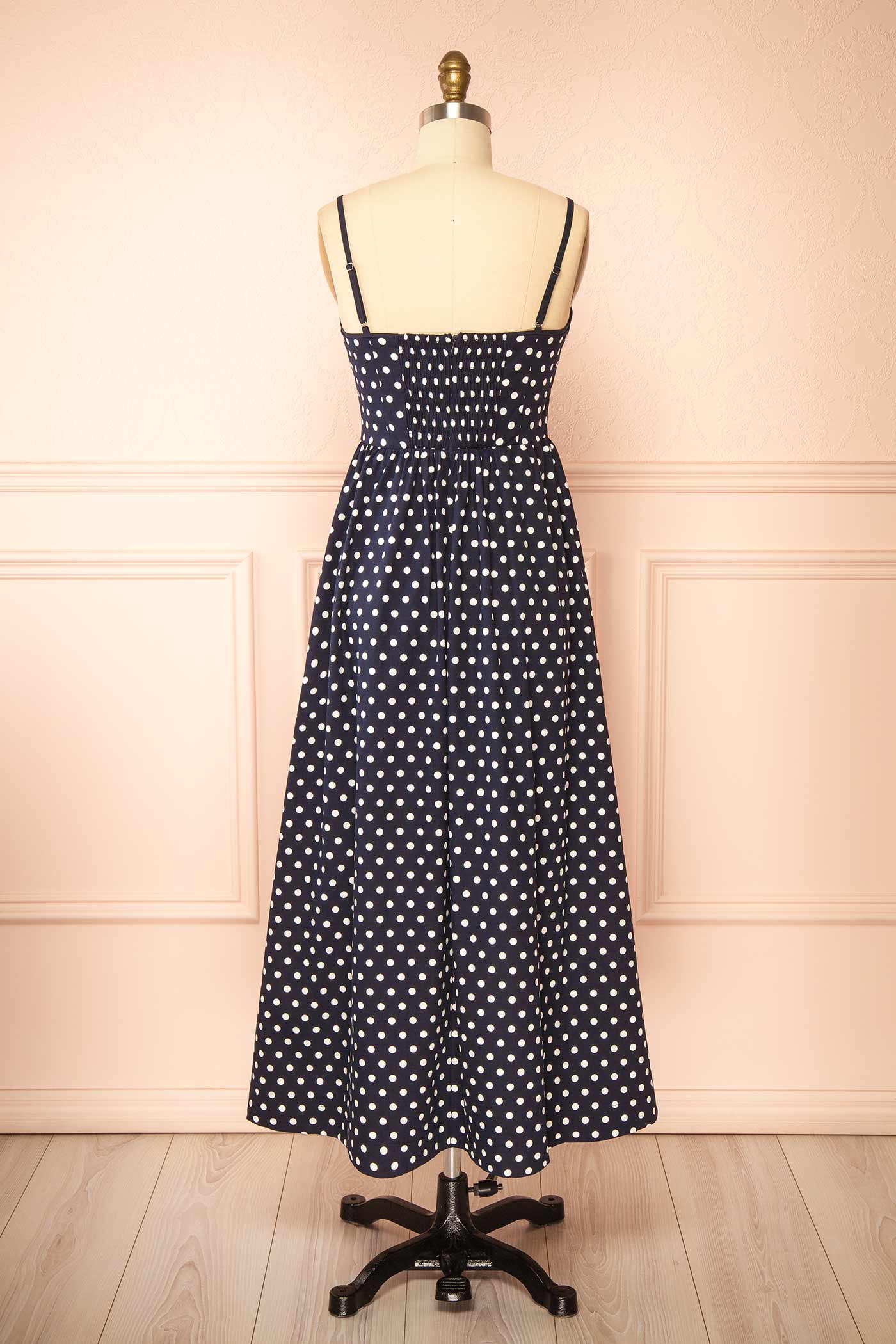 Fatiana Navy Polka Dot Midi Dress with Empire Waist | Boutique 1861 back
