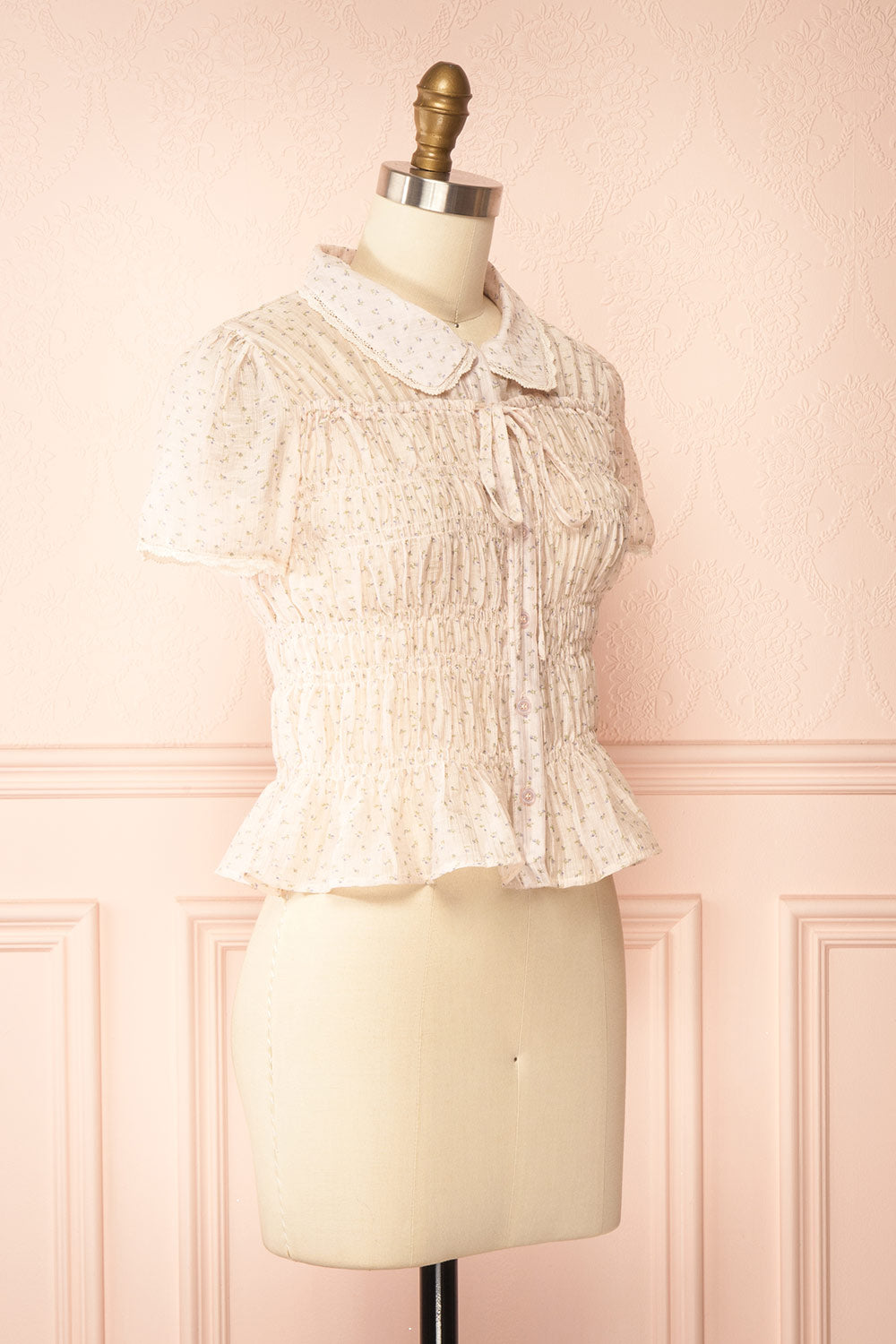 Fatou Pink Floral Ruched Blouse with Lace Trim | Boutique 1861 side view