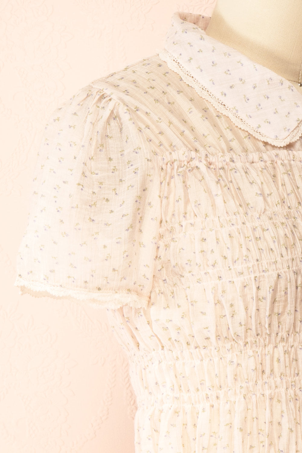 Fatou Pink Floral Ruched Blouse with Lace Trim | Boutique 1861 side