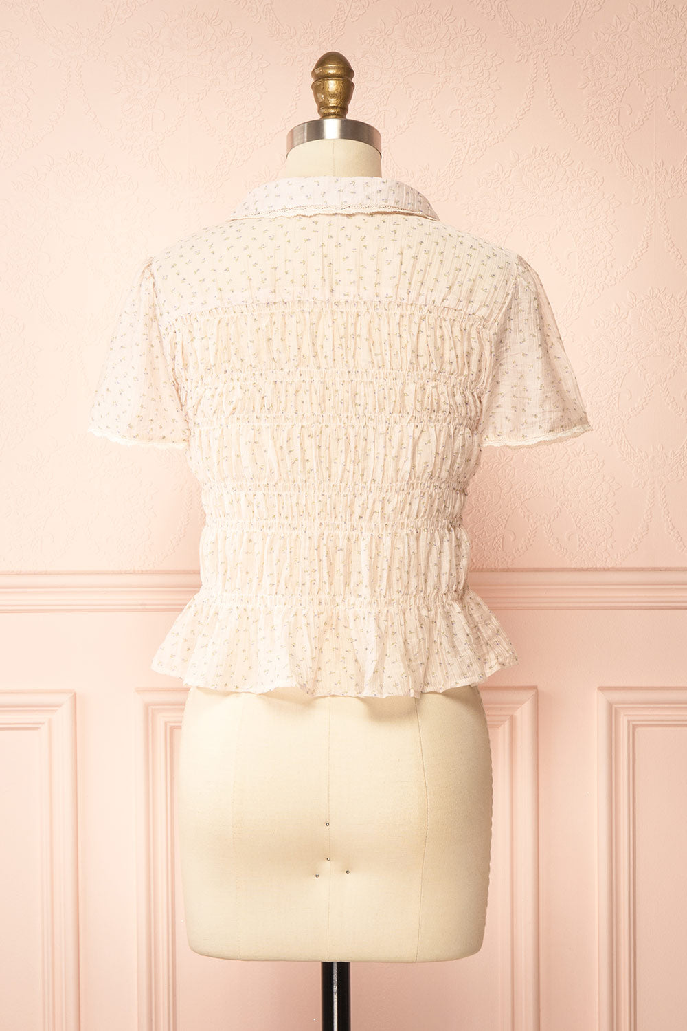 Fatou Pink Floral Ruched Blouse with Lace Trim | Boutique 1861 back view