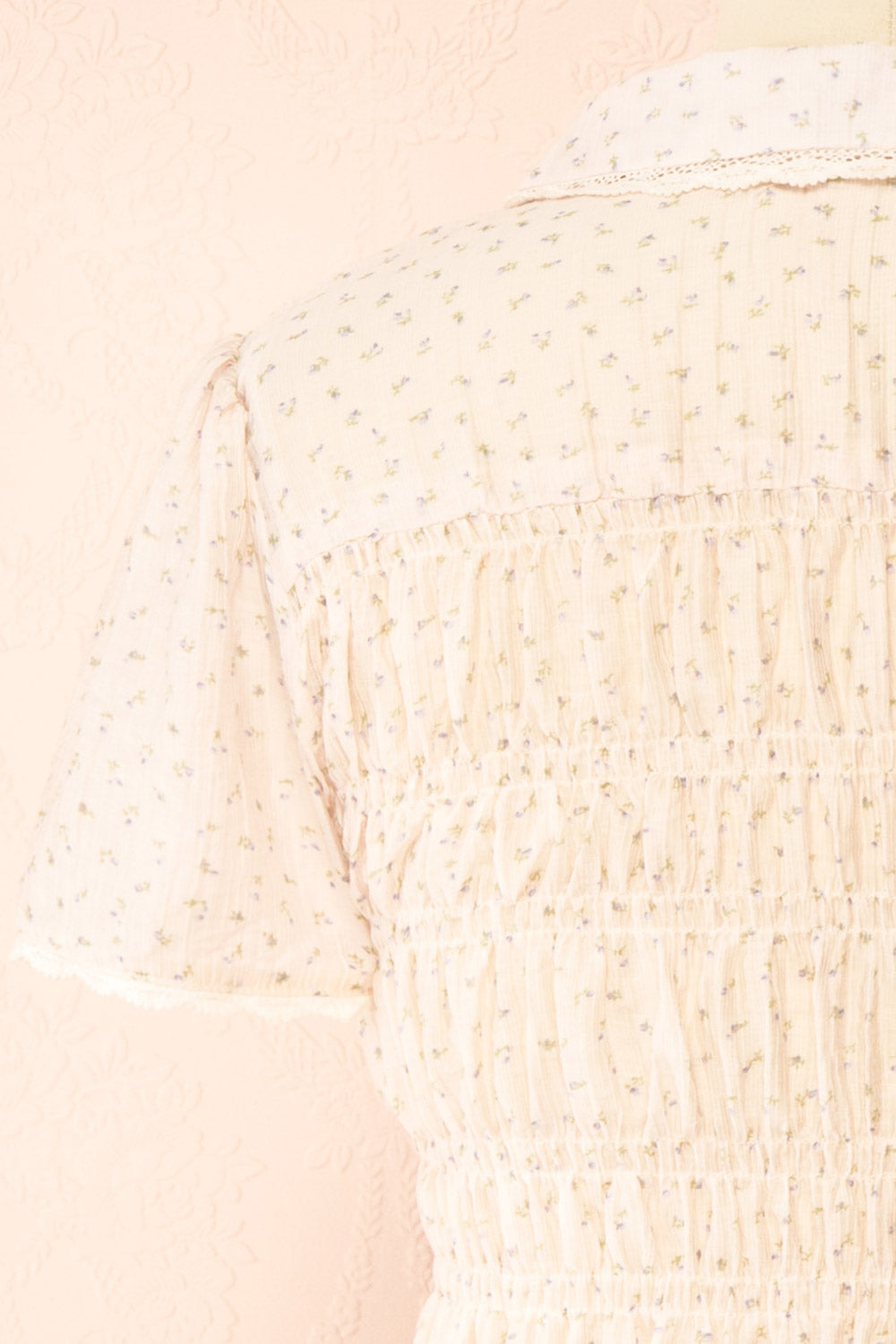 Fatou Pink Floral Ruched Blouse with Lace Trim | Boutique 1861 back