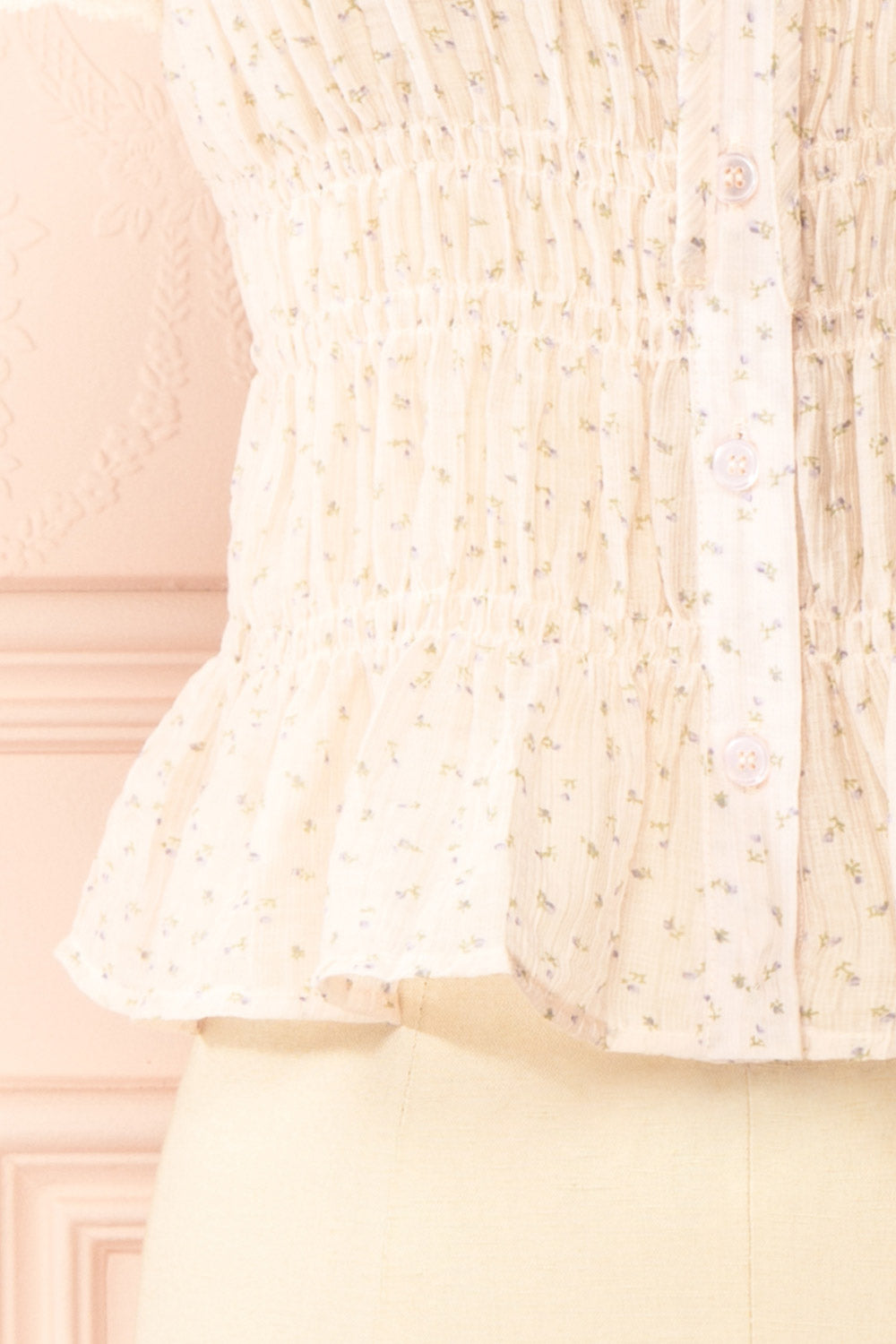 Fatou Pink Floral Ruched Blouse with Lace Trim | Boutique 1861 bottom