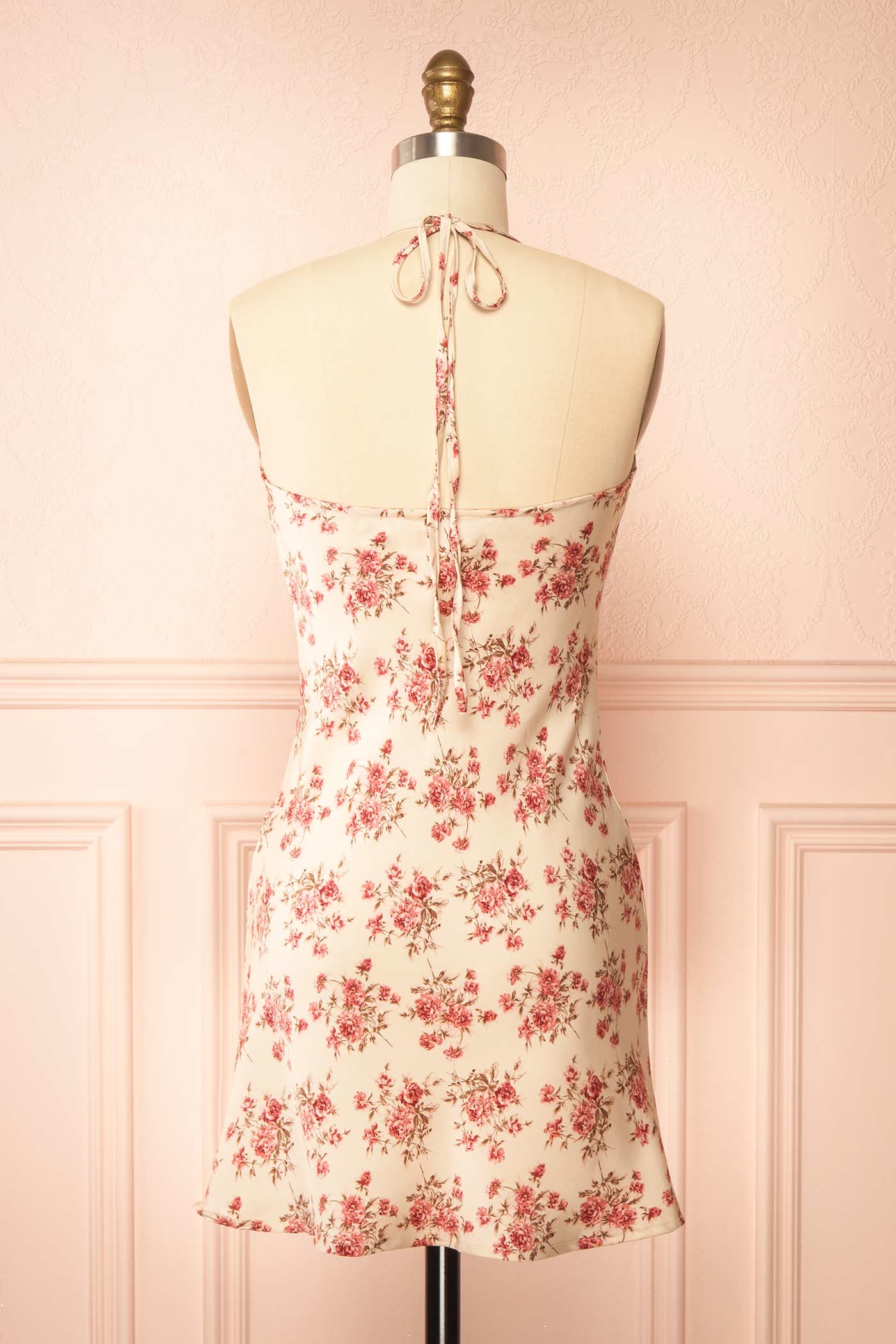 Backview Fatoumata Short Cream Floral Halter Dress with Cowl Neck at boutique 1861