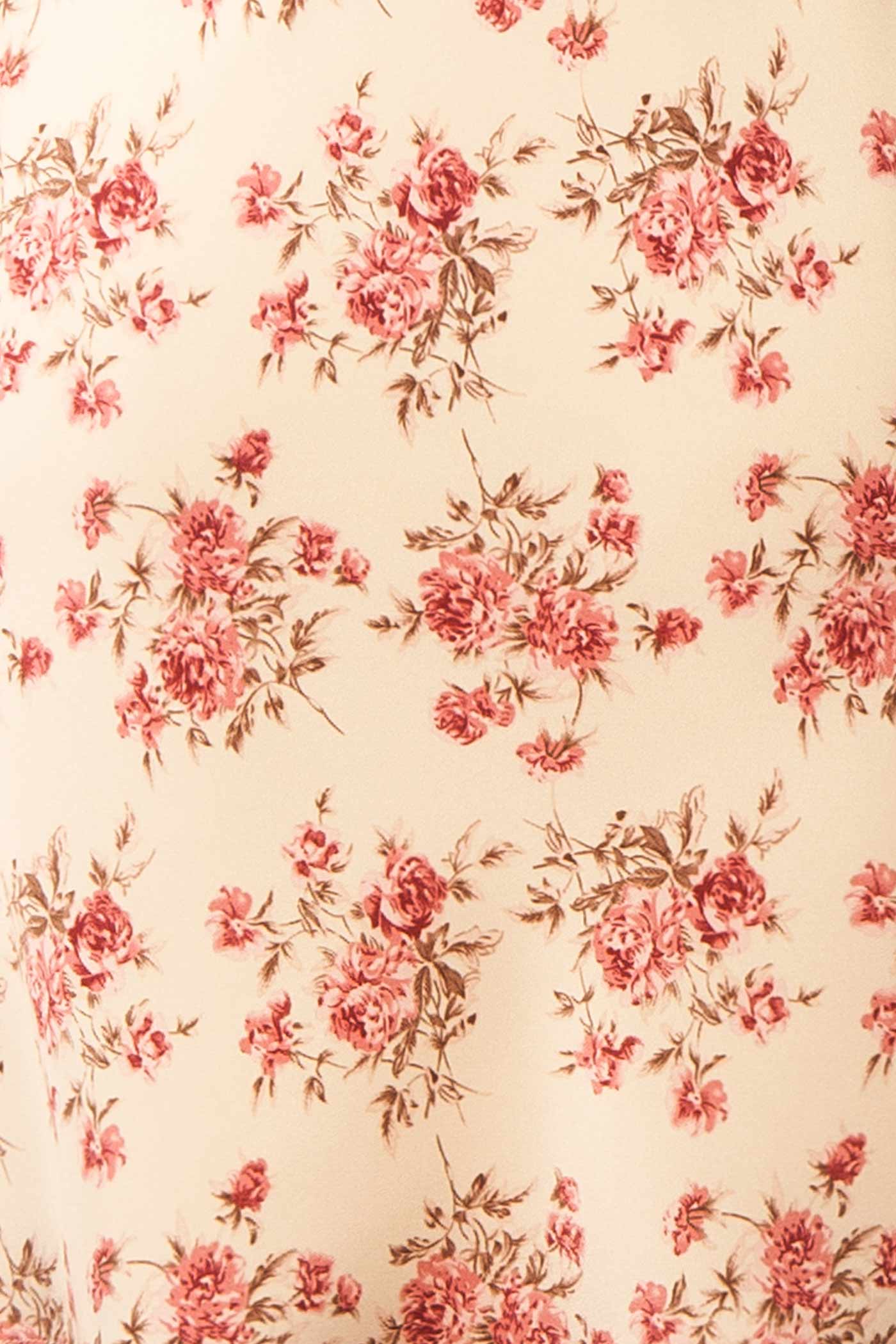 Close-up Fatoumata Short Cream Floral Halter Dress with Cowl Neck at boutique 1861