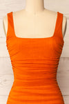Fecho Orange Fitted Ruched Midi Dress | La petite garçonne front close-up