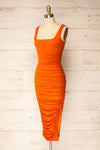 Fecho Orange Fitted Ruched Midi Dress | La petite garçonne side view