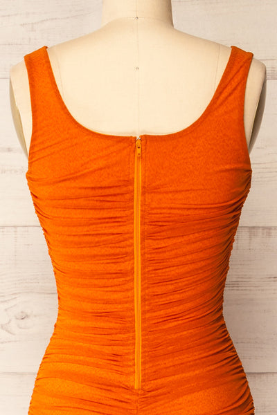 Fecho Orange Fitted Ruched Midi Dress | La petite garçonne back close-up