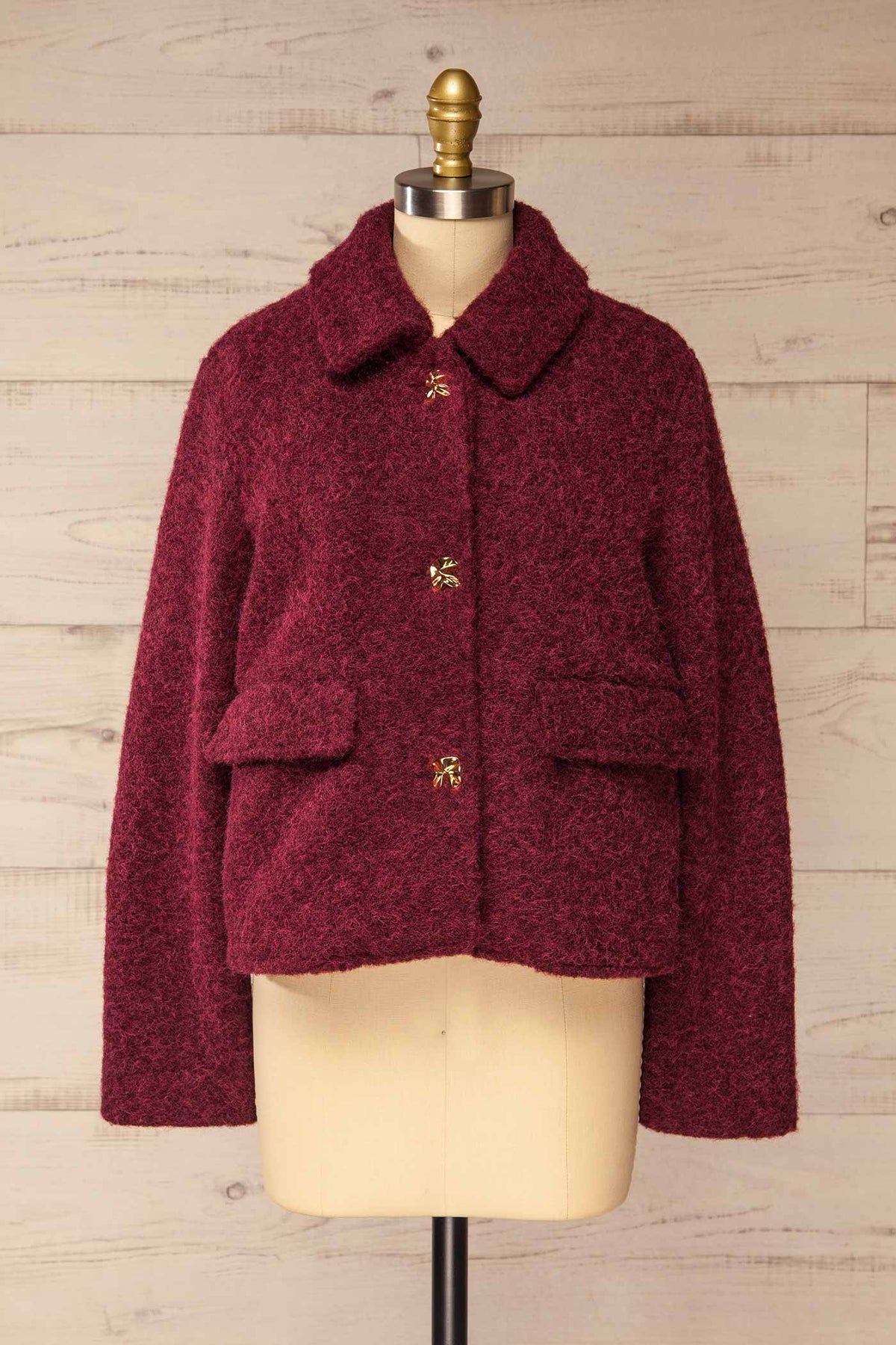front view of Feijo Burgundy Textured Button-Up Jacket with Gold Buttons at La petite garçonne