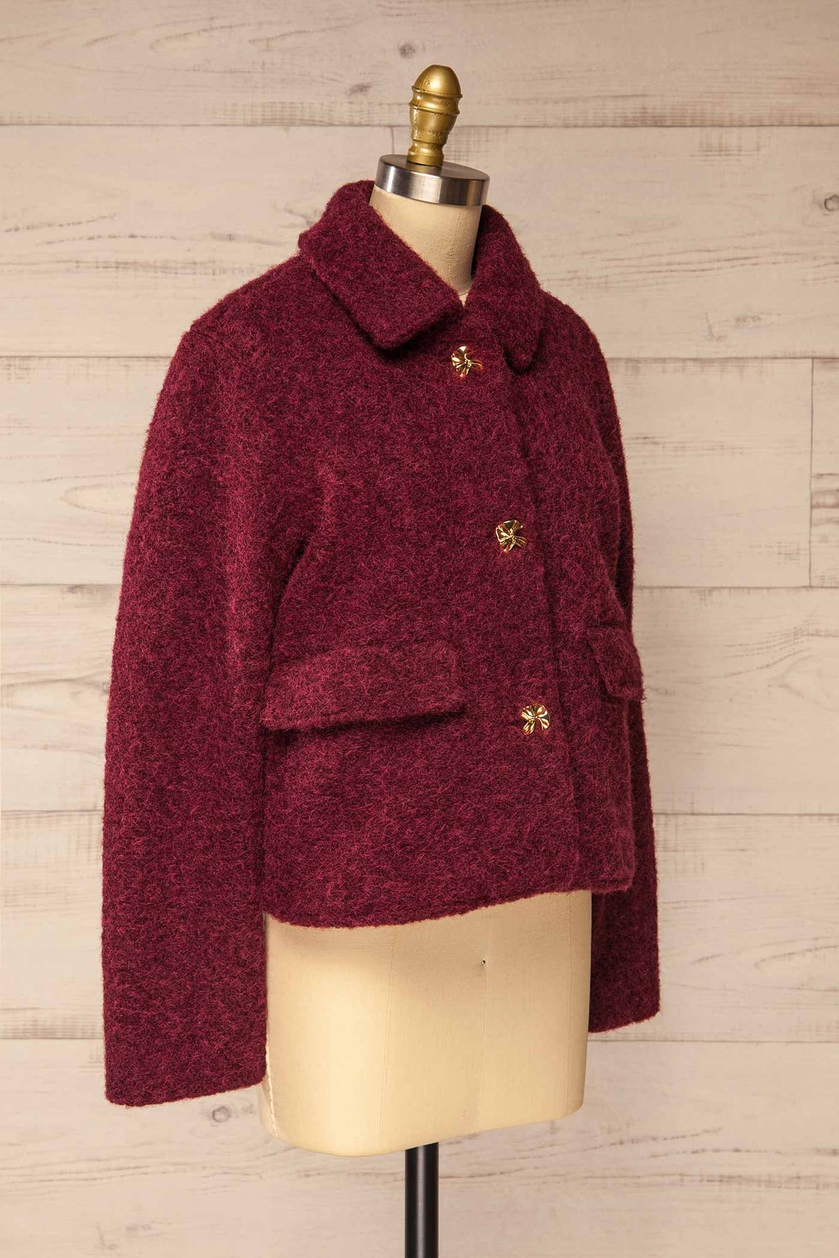 side view of Feijo Burgundy Textured Button-Up Jacket with Gold Buttons at La petite garçonne