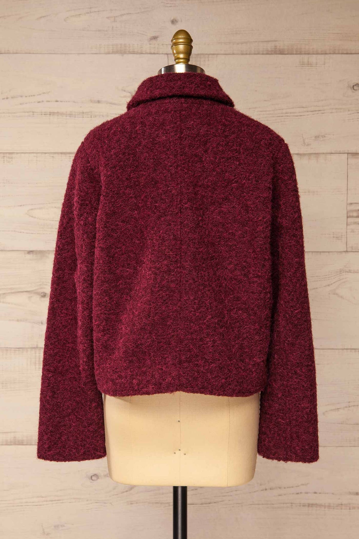back view of Feijo Burgundy Textured Button-Up Jacket with Gold Buttons at La petite garçonne