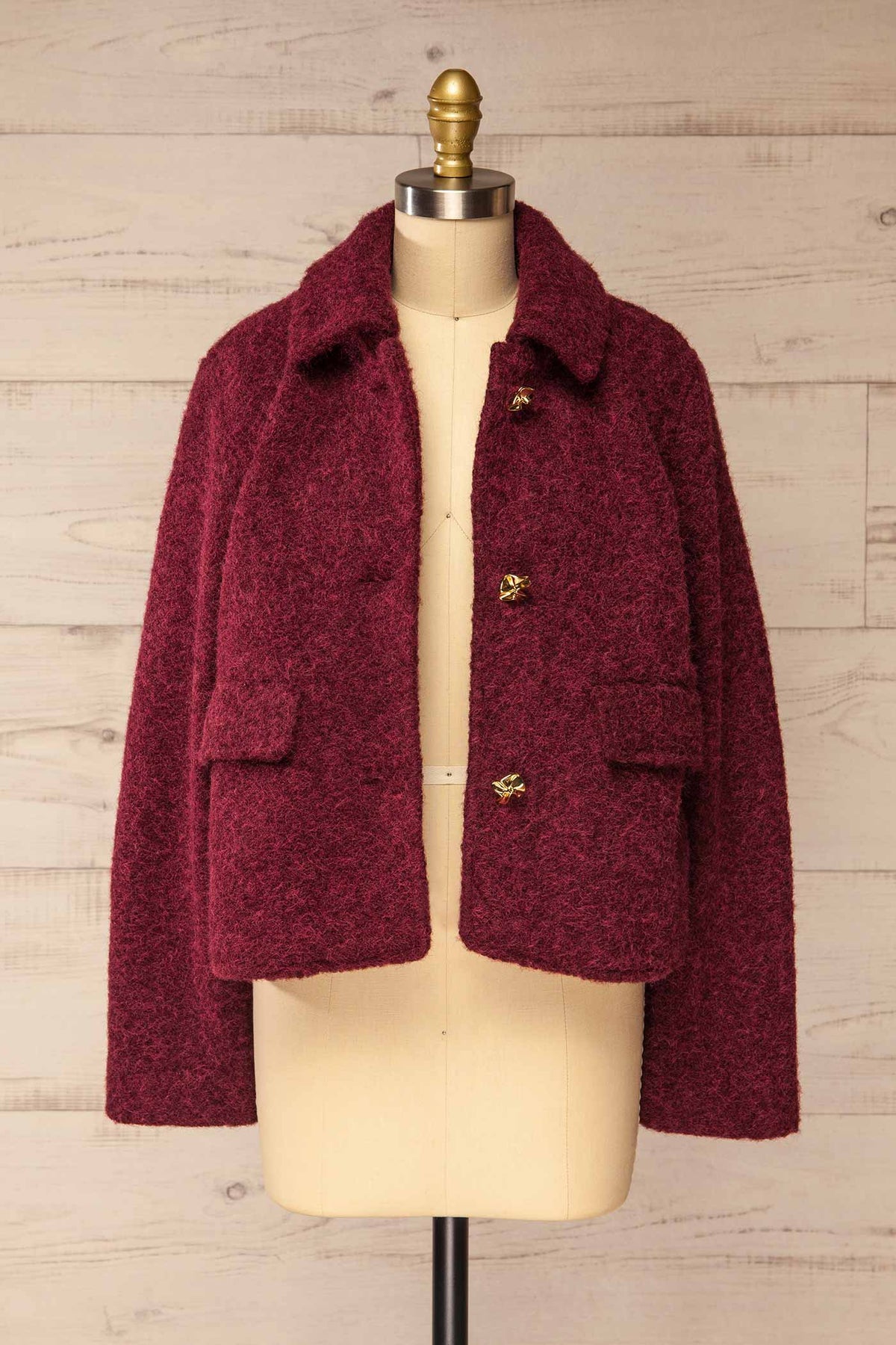 open view of Feijo Burgundy Textured Button-Up Jacket with Gold Buttons at La petite garçonne
