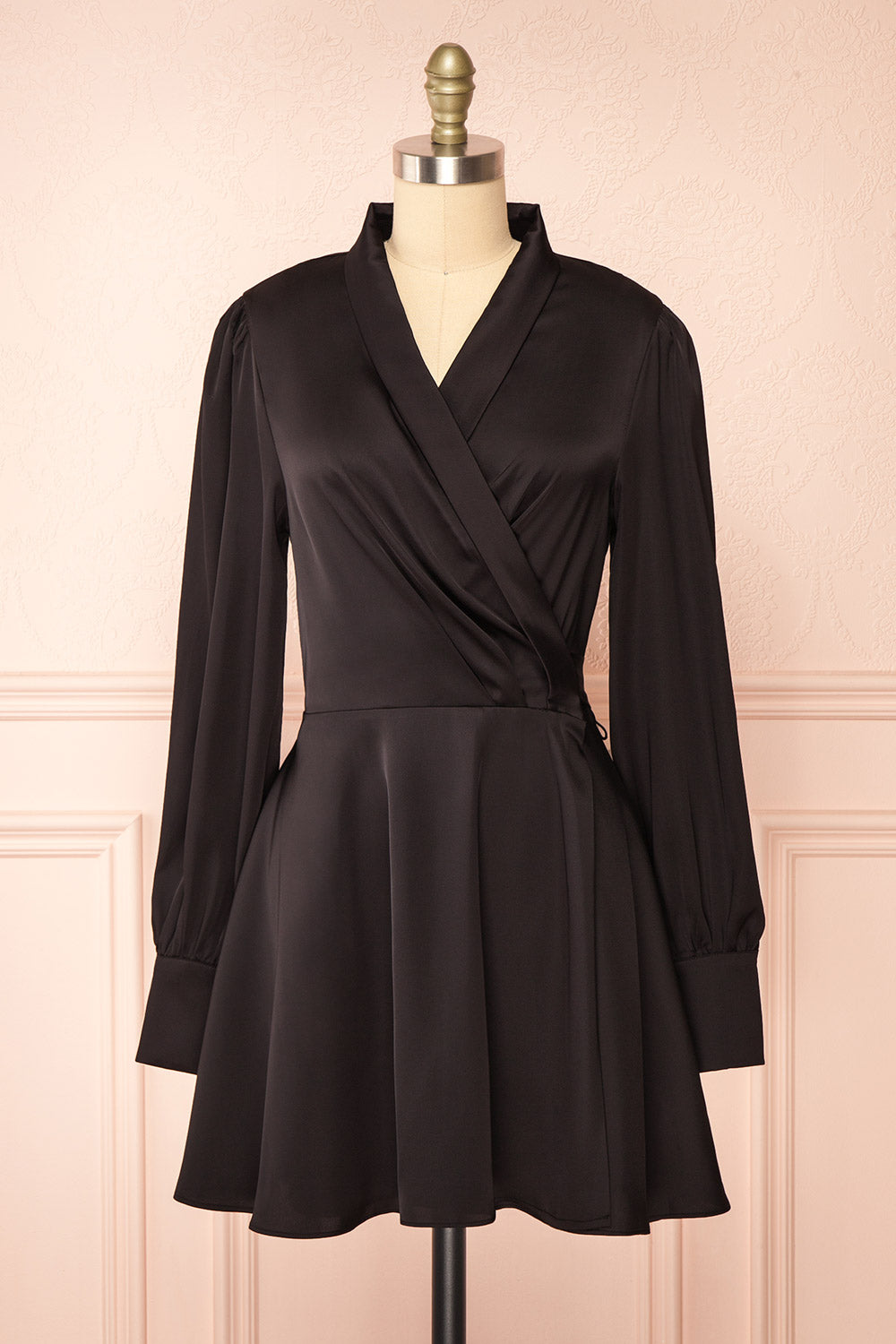 Felestine Black Short Satin Wrap Dress | Boutique 1861 front view