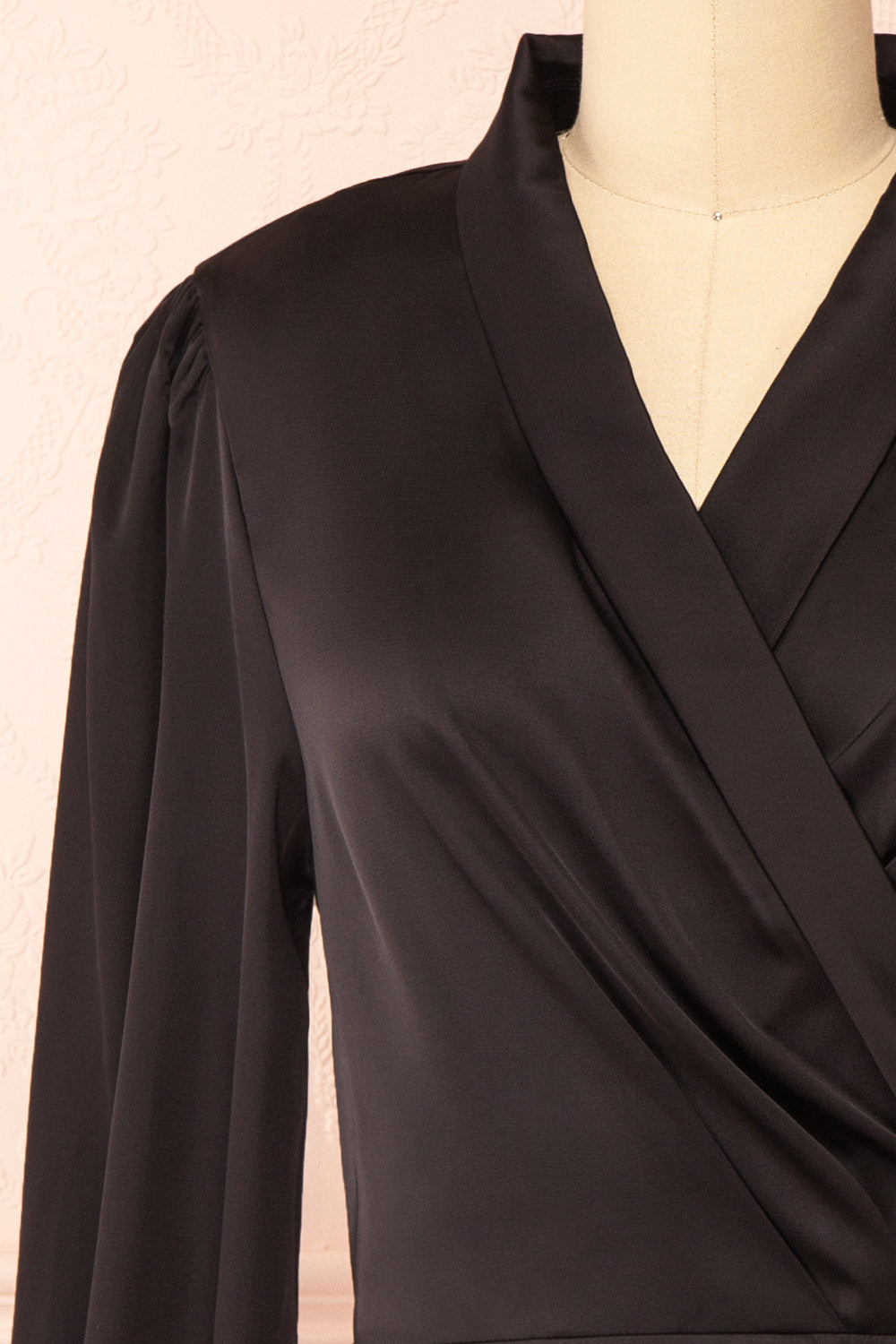 Felestine Black Short Satin Wrap Dress | Boutique 1861 front 