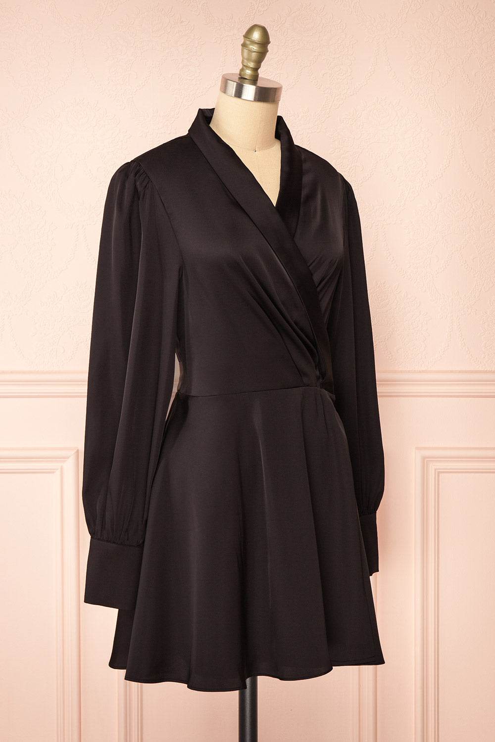 Felestine Black Short Satin Wrap Dress | Boutique 1861  side view