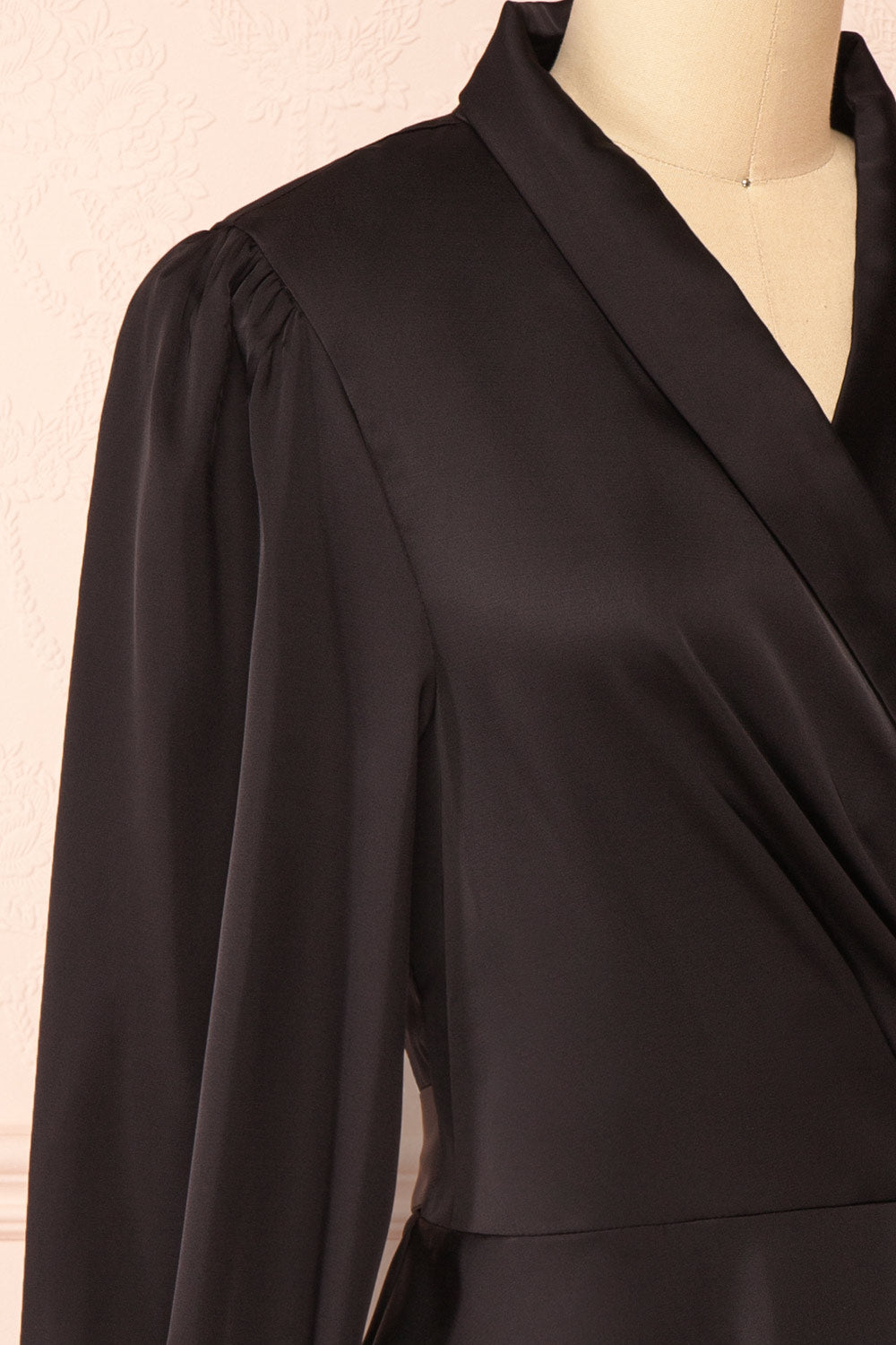 Felestine Black Short Satin Wrap Dress | Boutique 1861  side 