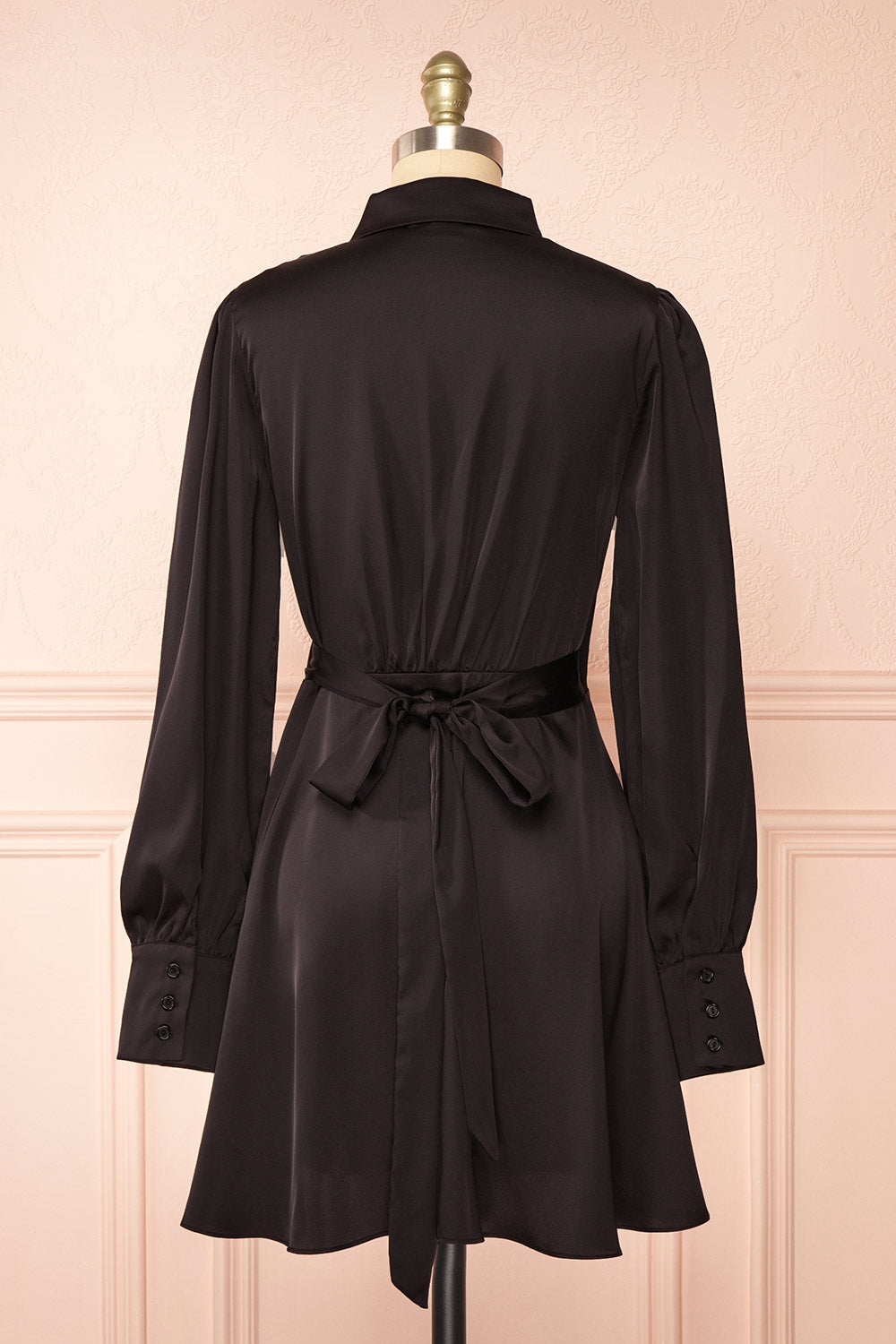 Felestine Black Short Satin Wrap Dress | Boutique 1861 back view