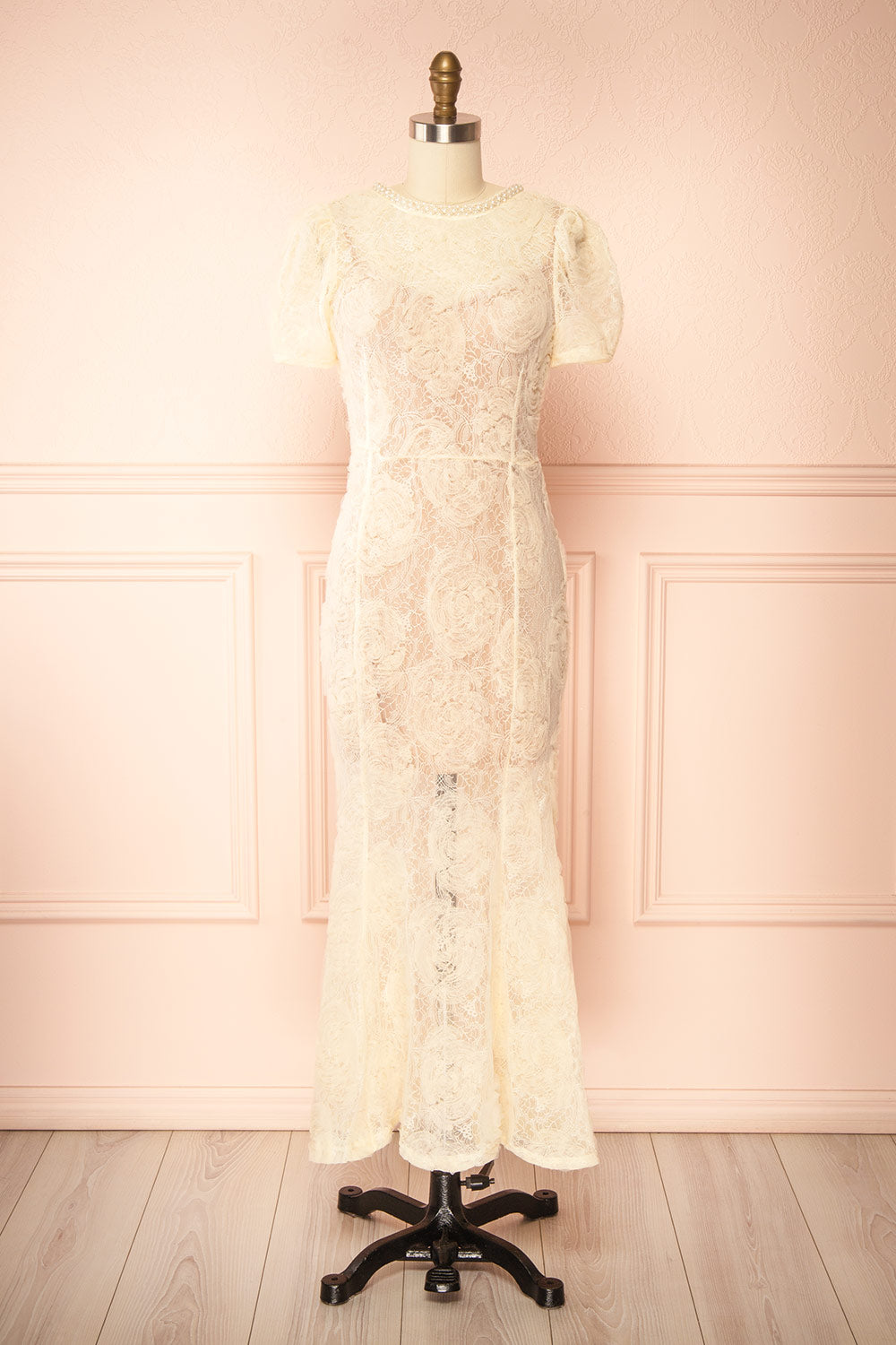 Felicity Cream Lace Mermaid Midi Dress with Pearls | Boudoir 1861 front view