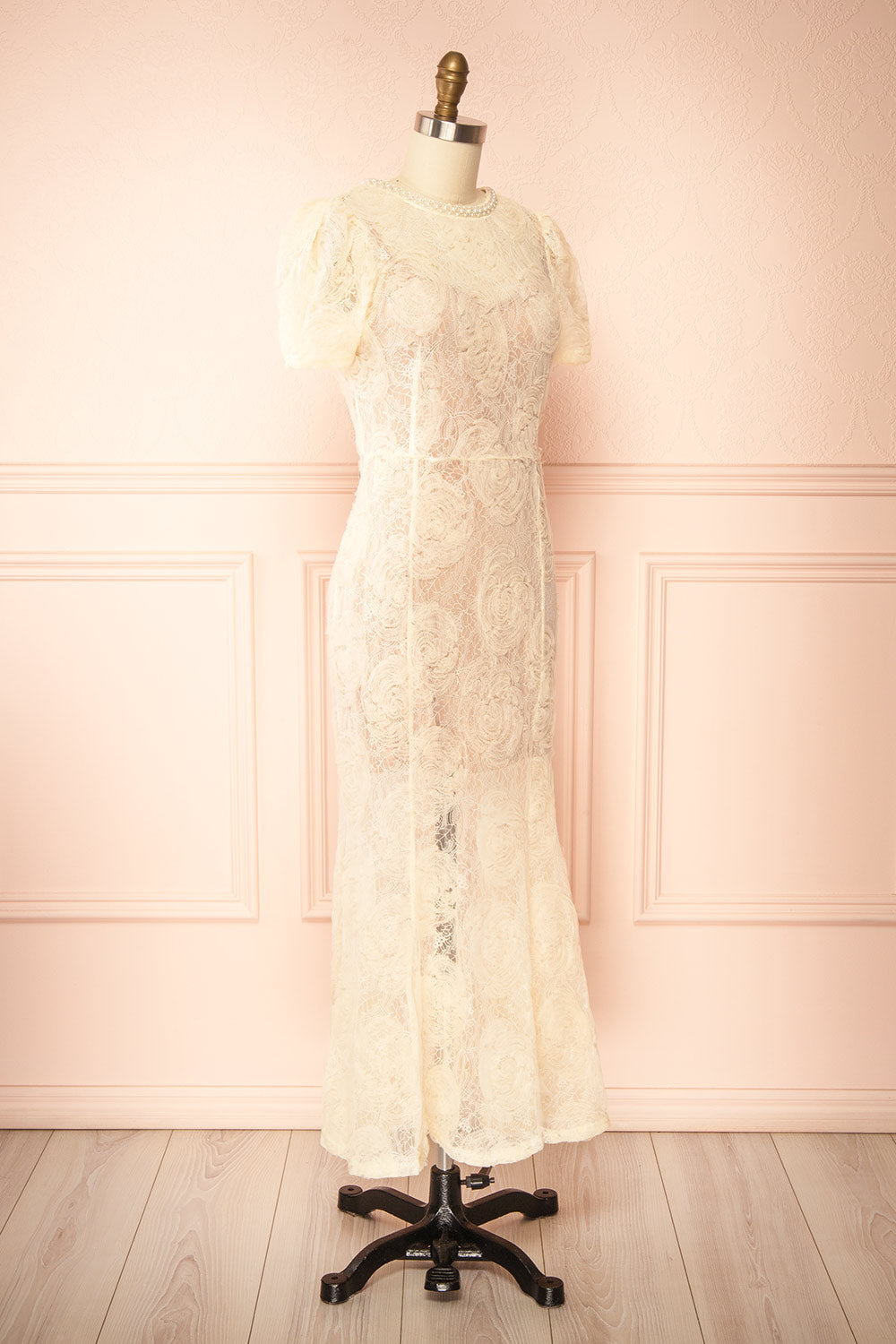 Felicity Cream Lace Mermaid Midi Dress with Pearls | Boudoir 1861 side view