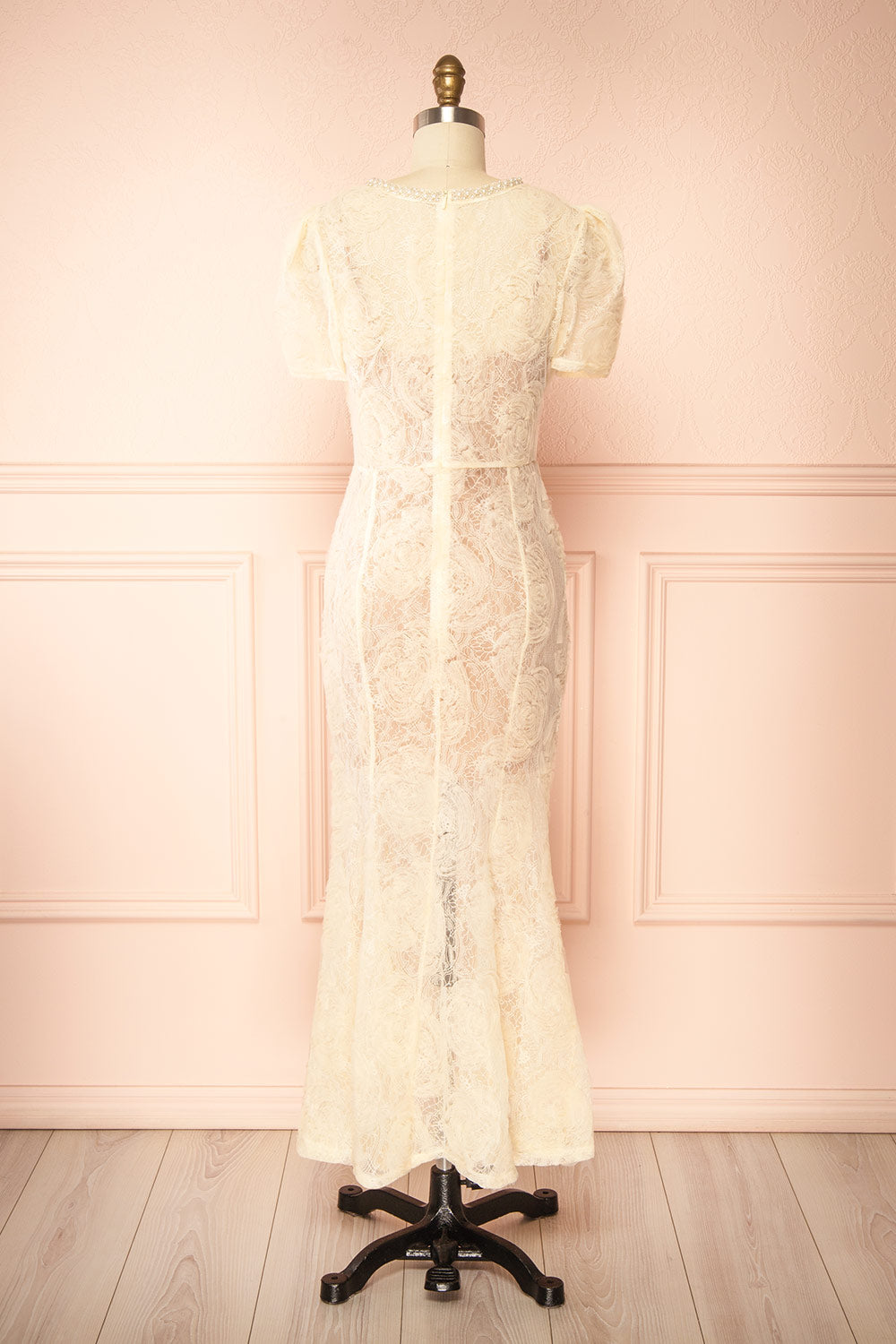 Felicity Cream Lace Mermaid Midi Dress with Pearls | Boudoir 1861 back view