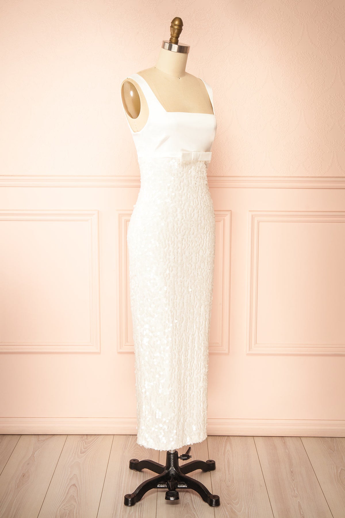 side view of Felina Ivory Satin Dress with Sequins at Boudoir 1861