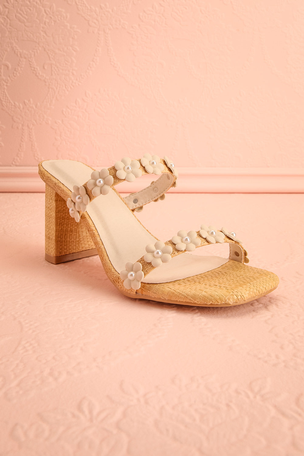 Feliza Raffia Block Heel Sandals with Floral Appliqués | La petite garçonne front