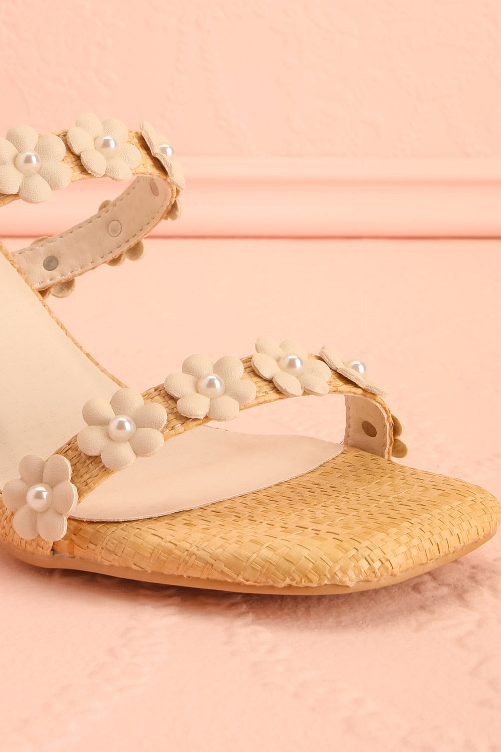 Feliza Raffia Block Heel Sandals with Floral Appliqués | La petite garçonne front close-up