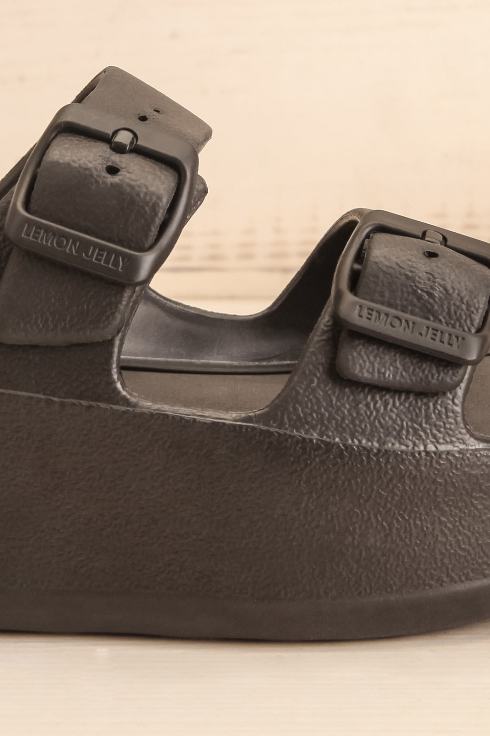Fenix Black Double Buckle Platform Sandals | La petite garçonne side front close-up