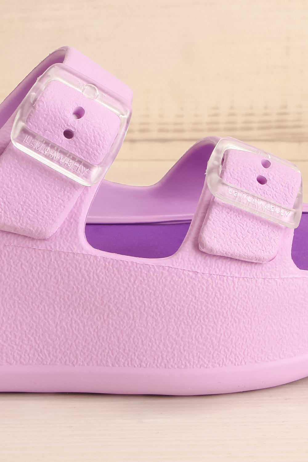 Fenix Lavender Double Buckle Platform Sandals | La petite garçonne  side close-up