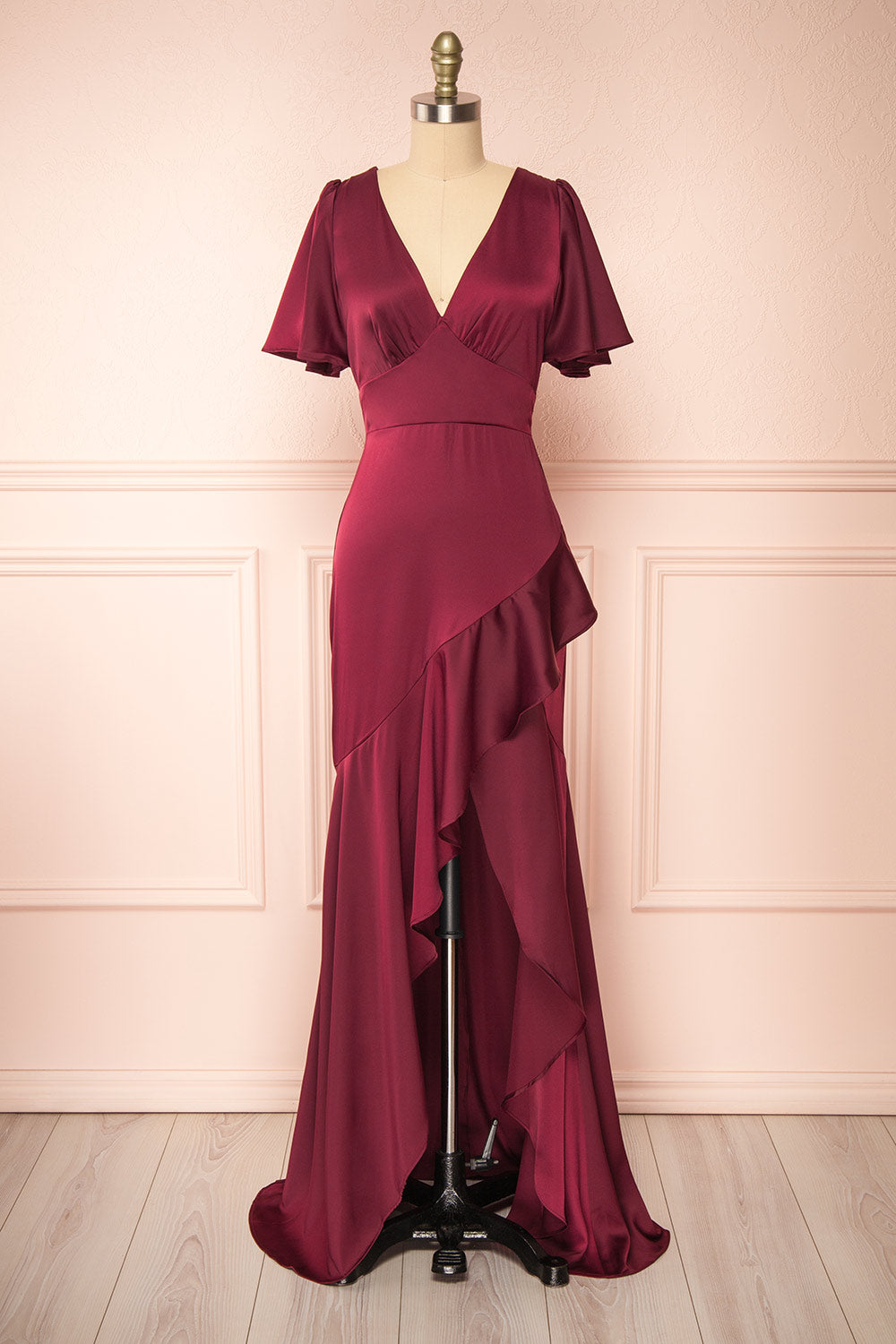 Fiarah Burgundy Satin Maxi Dress w/ Ruffles | Boutique 1861 front view