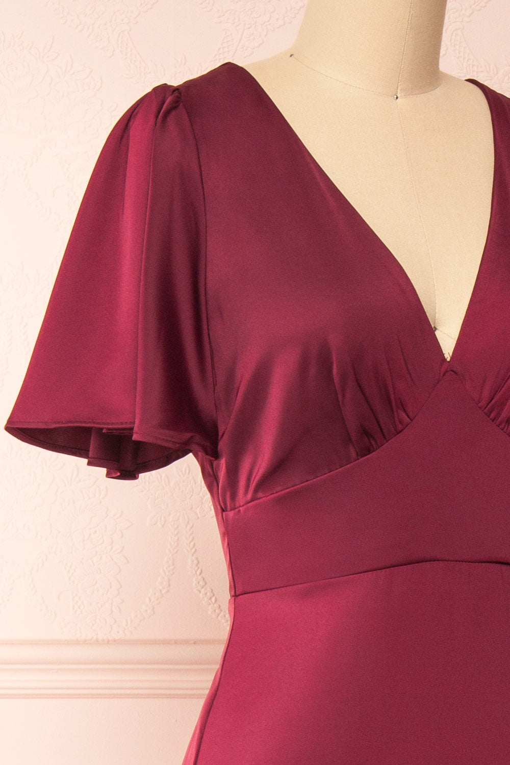 Fiarah Burgundy Satin Maxi Dress w/ Ruffles | Boutique 1861  side close-up