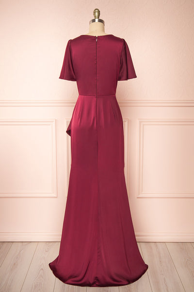 Fiarah Burgundy Satin Maxi Dress w/ Ruffles | Boutique 1861  back view