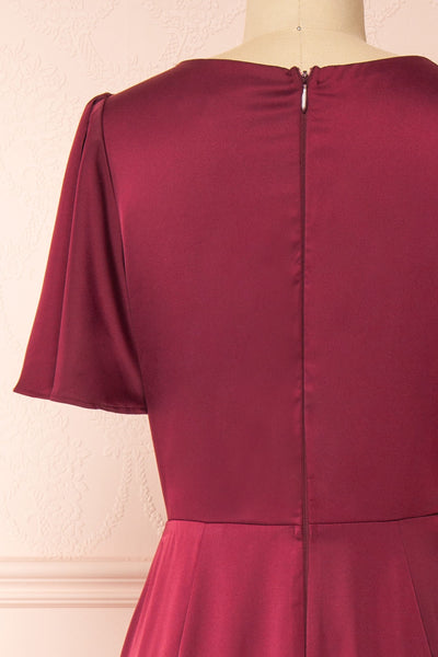 Fiarah Burgundy Satin Maxi Dress w/ Ruffles | Boutique 1861  back close-up