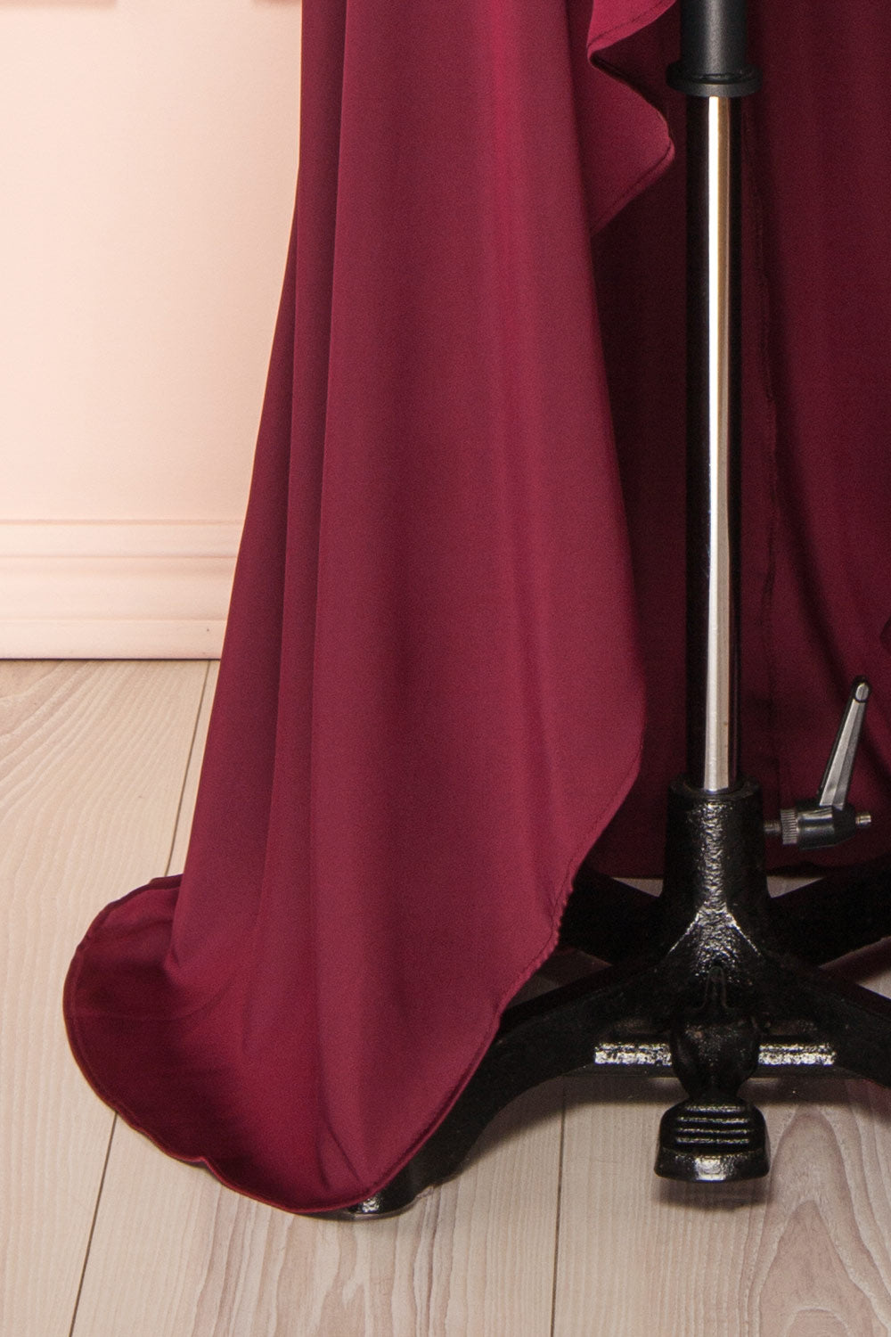 Fiarah Burgundy Satin Maxi Dress w/ Ruffles | Boutique 1861 bottom