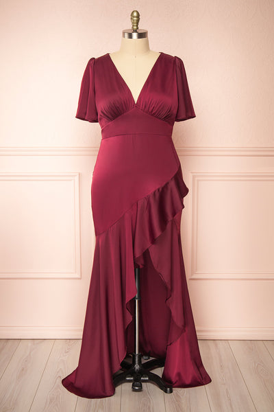 Fiarah Burgundy Satin Maxi Dress w/ Ruffles | Boutique 1861 front plus size