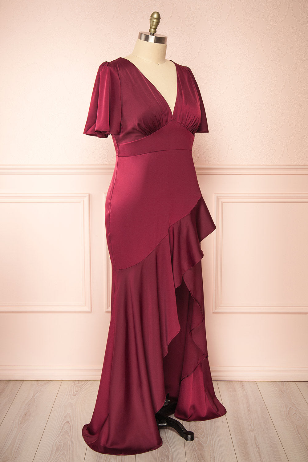 Fiarah Burgundy Satin Maxi Dress w/ Ruffles | Boutique 1861 side plus size