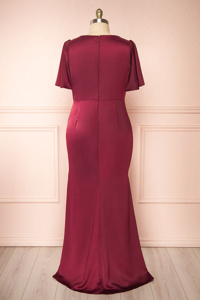 Fiarah Burgundy Satin Maxi Dress w/ Ruffles | Boutique 1861 back plus size