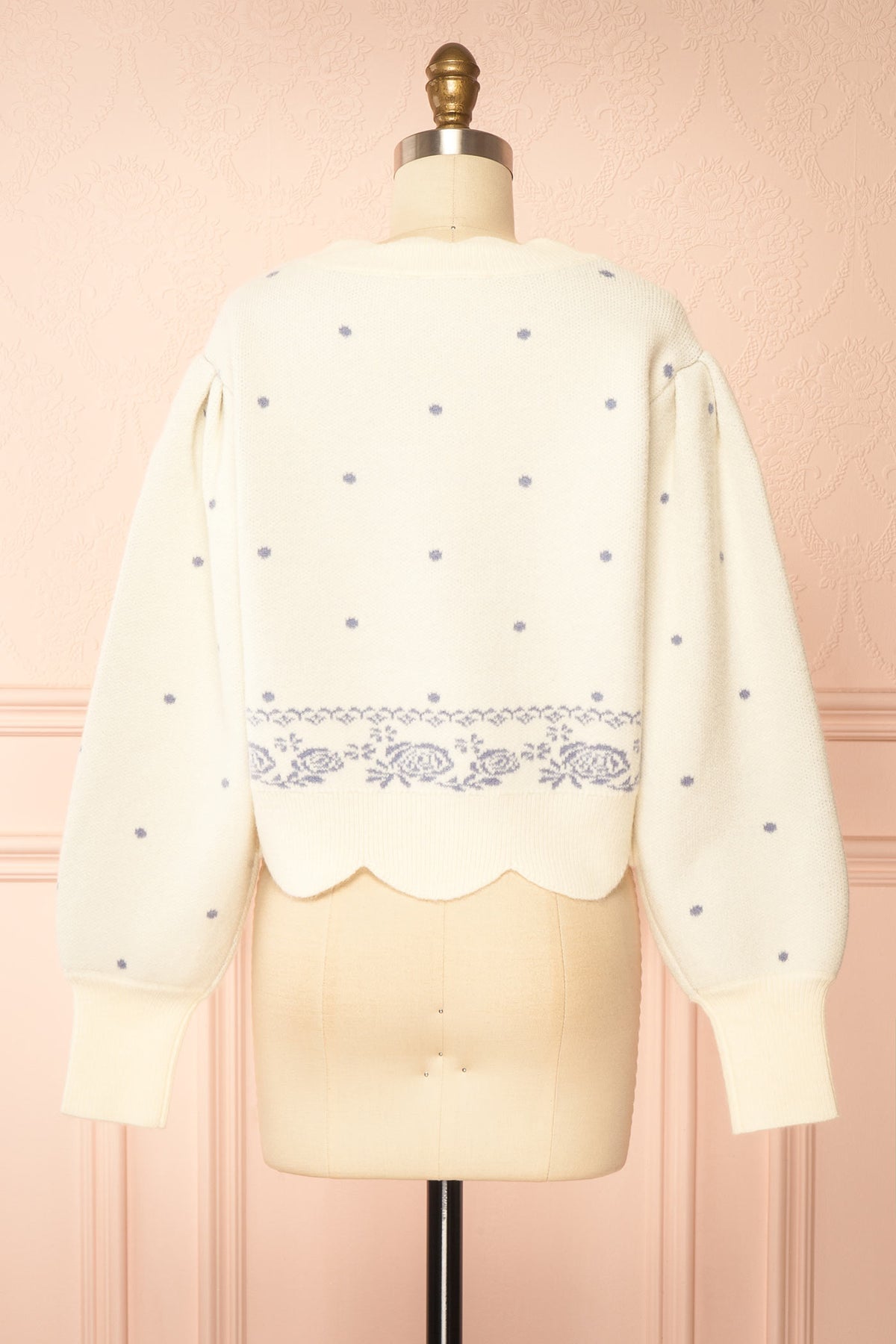 back view of Fidelka Ivory Swan Graphic Knit Sweater with Scalloped Trim at Boutique 1861