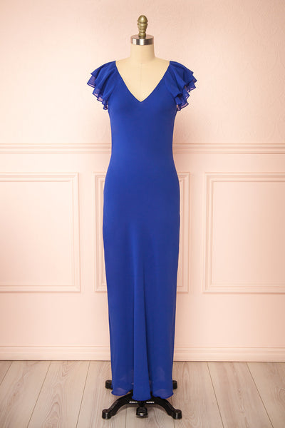 Fieria Blue Maxi Dress w/ Ruffled Sleeves | Boutique 1861 front view