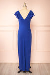 Fieria Blue Maxi Dress w/ Ruffled Sleeves | Boutique 1861 back view