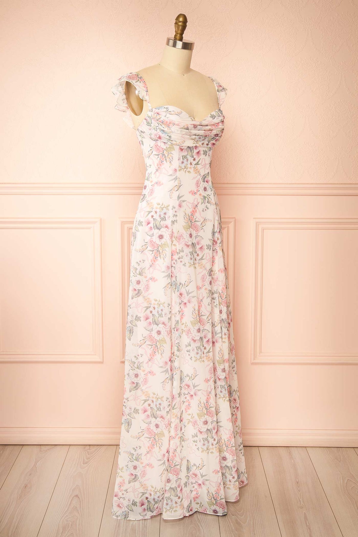 side view of Filiana Pink Floral Chiffon Maxi Dress with Lace-Up Back at Boutique 1861
