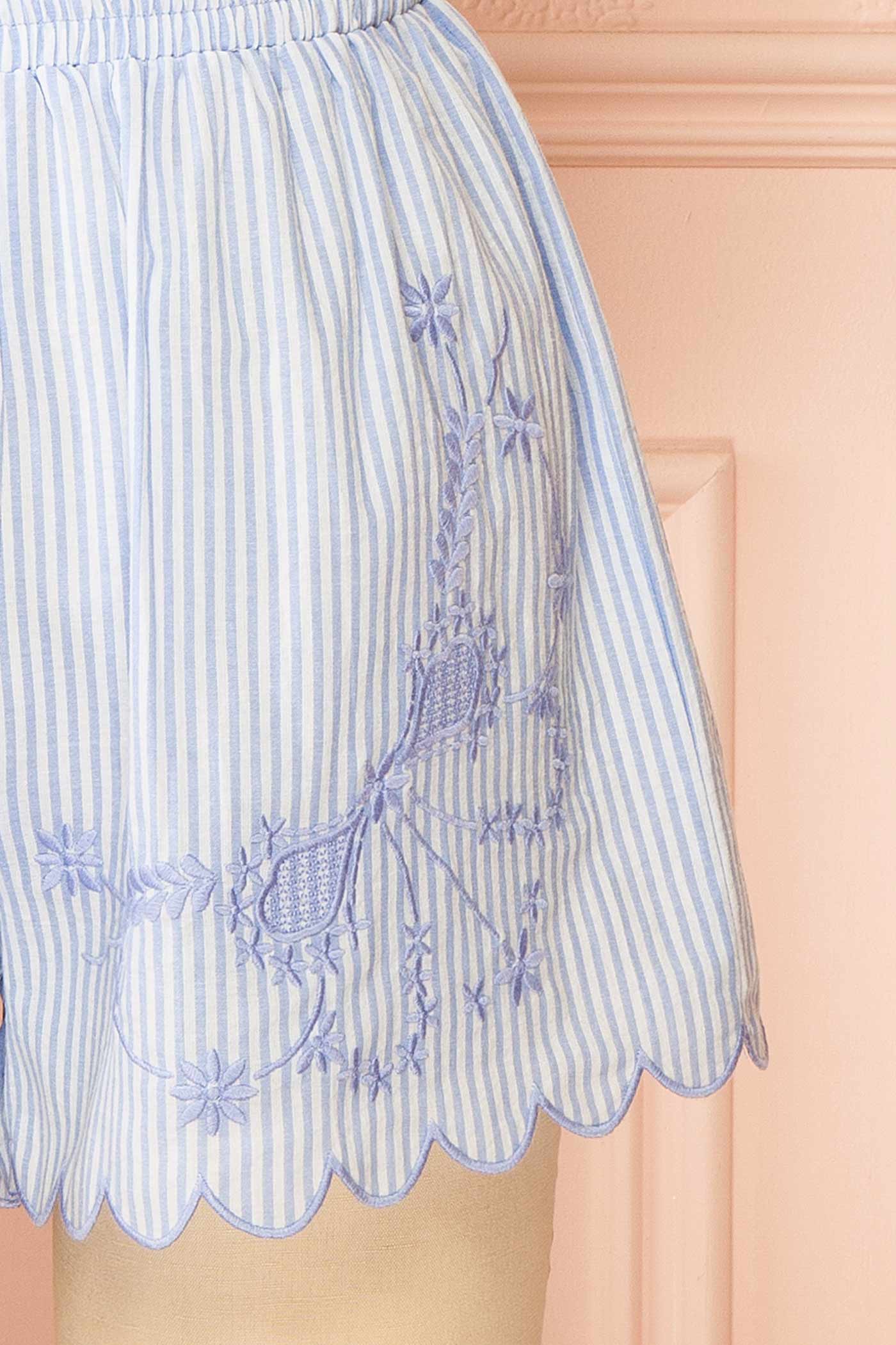 Close-up Front view of Fineas Blue Embroidered Striped Pajama Shorts with Scalloped Hem at la boutique 1861