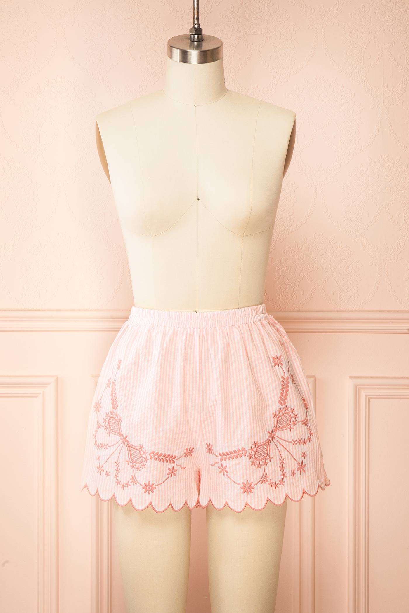 Front view Fineas Pink Embroidered Striped Pajama Shorts with Scalloped Hem at boutique 1861