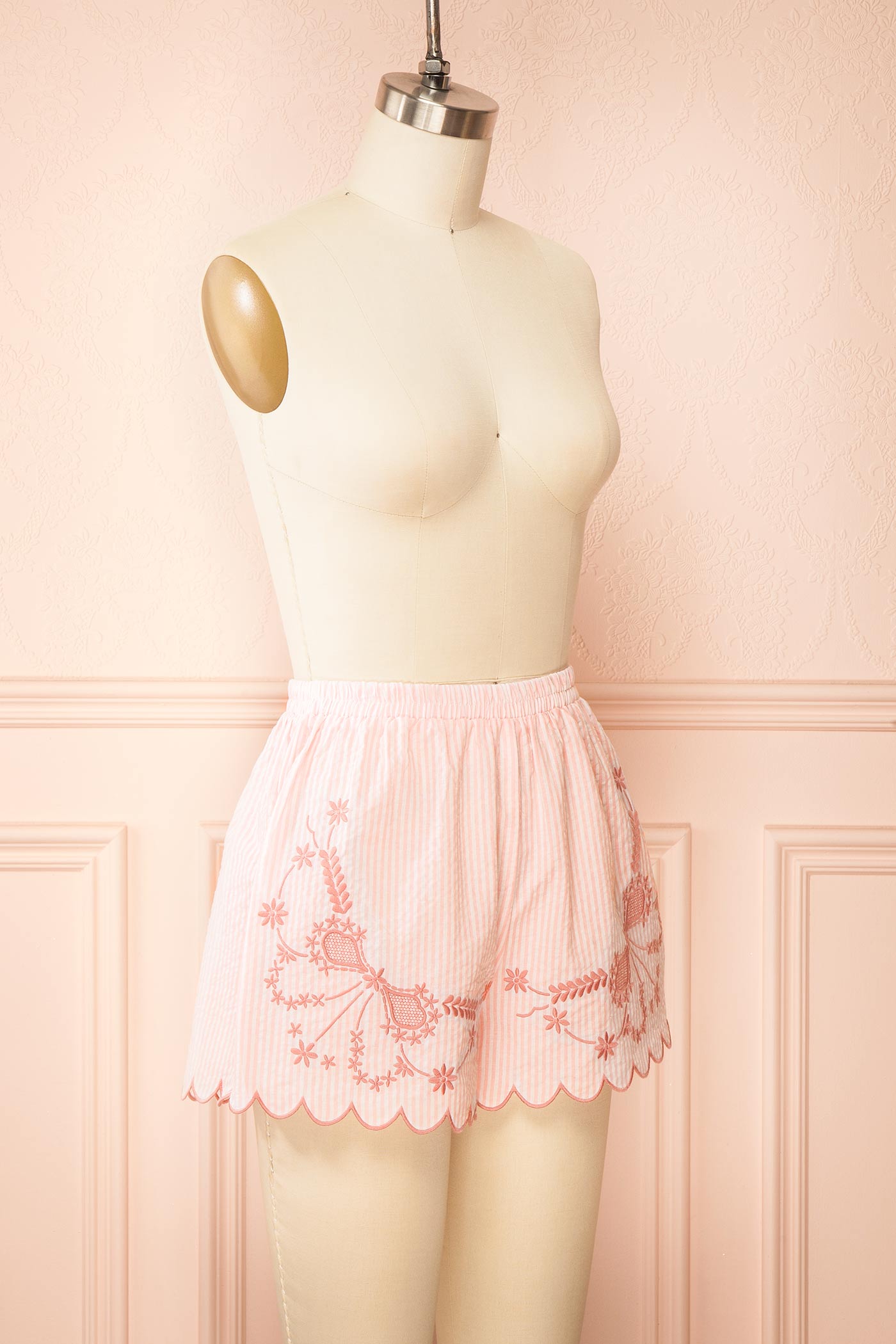 Profile view Fineas Pink Embroidered Striped Pajama Shorts with Scalloped Hem at boutique 1861